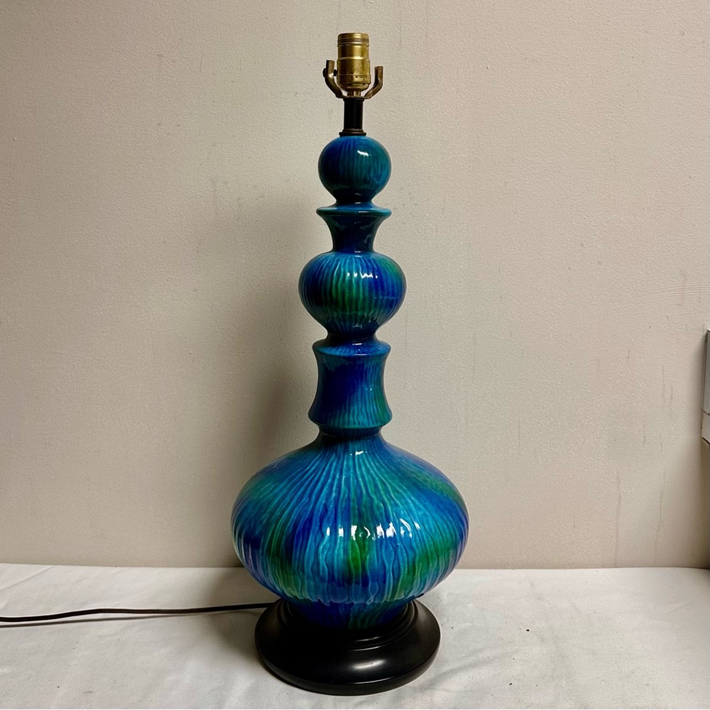 Mid Century Blue and Green Textured Drip Glaze Ceramic Genie Bottle Table Lamp